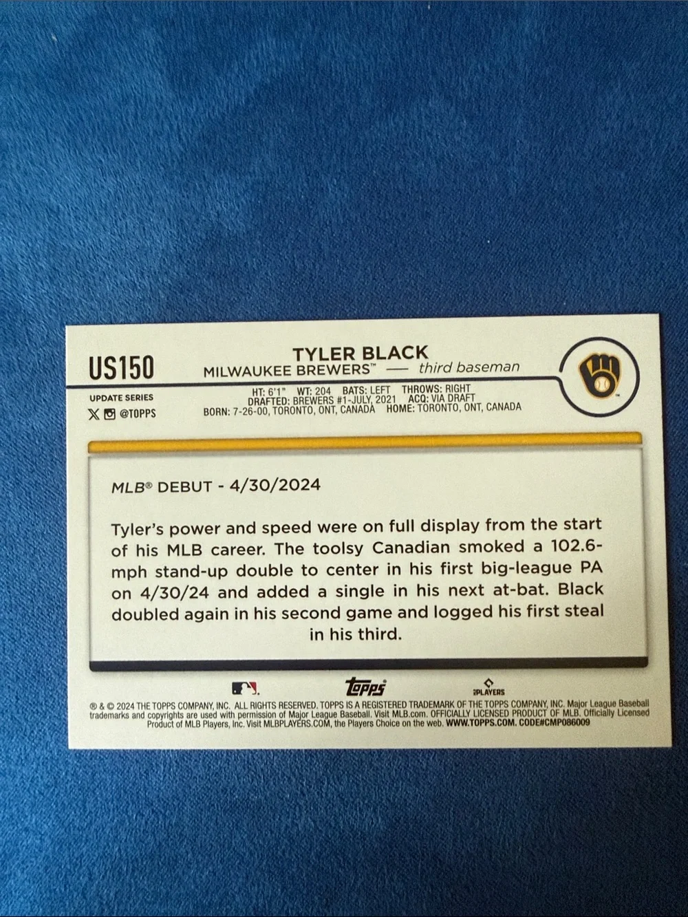 Topps Brewers Tyler Black Card - Blue, White & Gold Splash